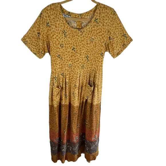 Pretty Pink Vintage Yellow Floral Short Sleeve Long Lightweight Dress Pockets L - Picture 1 of 6
